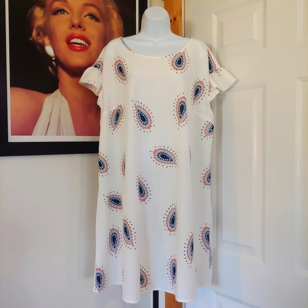 Shein Graphic Print Ruffle Sleeve Dress, Women's Size 2XL, White, Navy Blue, Tan